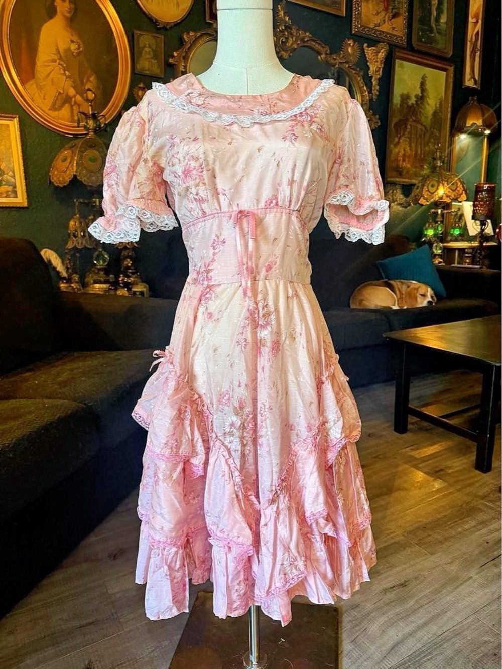 Vintage Handmade Pink Floral Prairie Cottagecore Lace Dress M